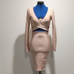 Chic Nude Long Sleeve Cutout Dress